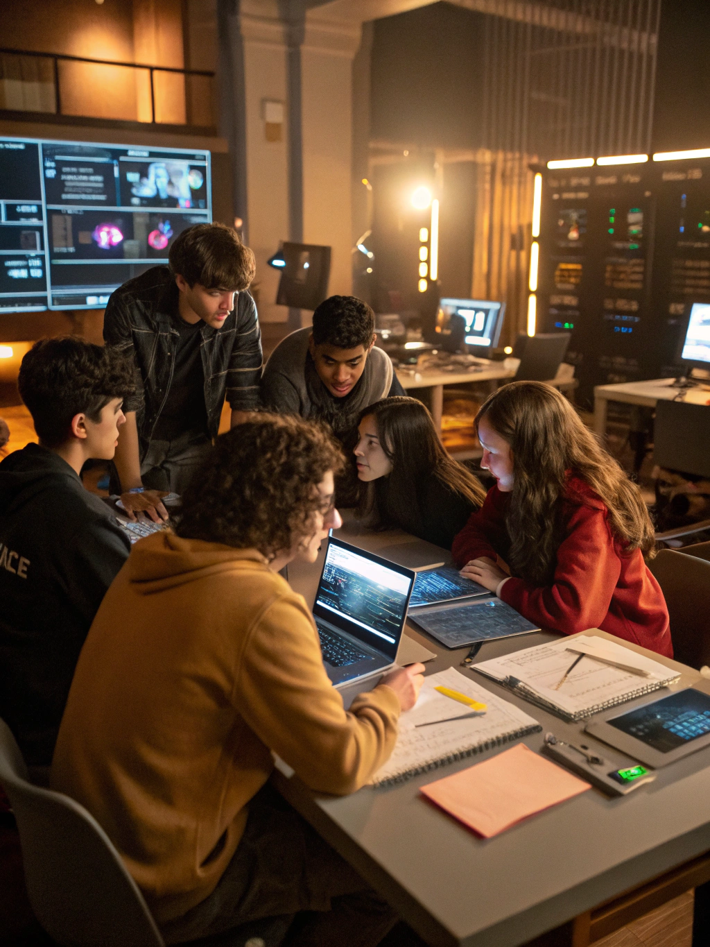 Students engaging with AI technology in a collaborative workshop