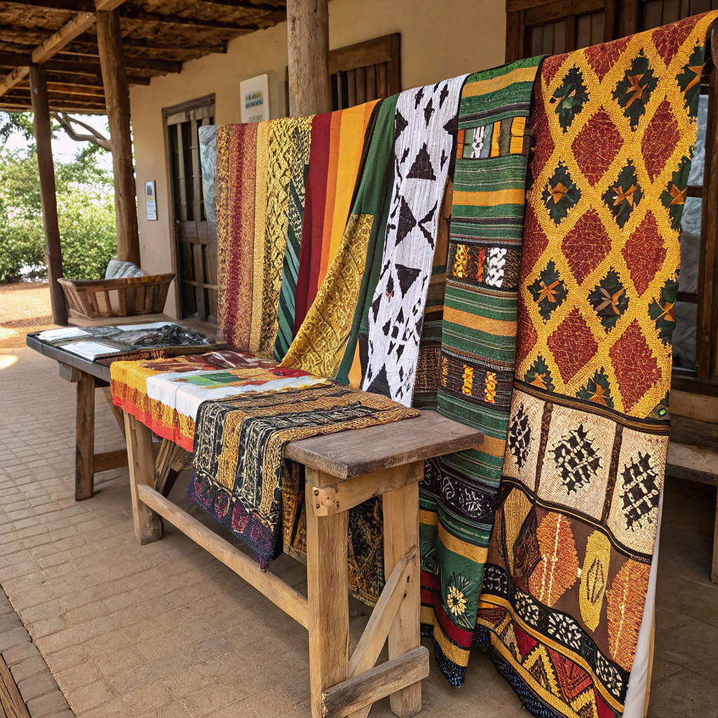 Display of vibrant traditional African textiles and clothing